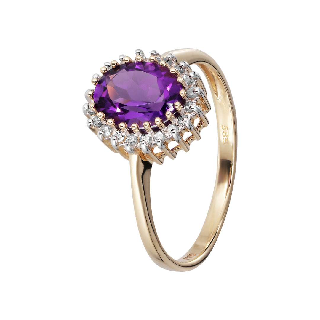 Ring i 14 kt. guld m. ametyst og 20 diamanter