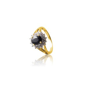 Ring i 14 kt. guld m. safir og diamanter