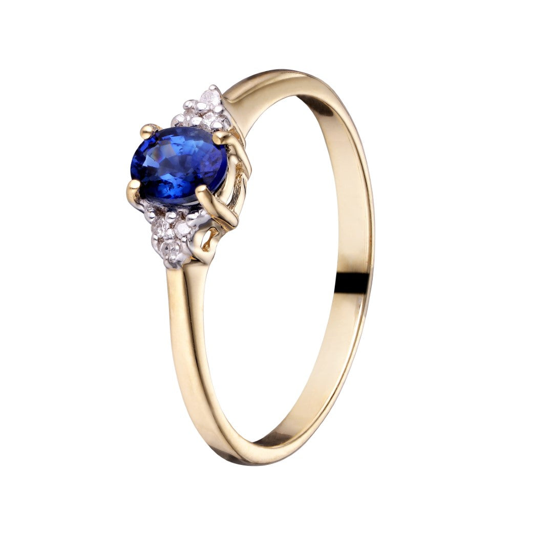 Ring i 14 kt. guld m. safir og 6 diamanter