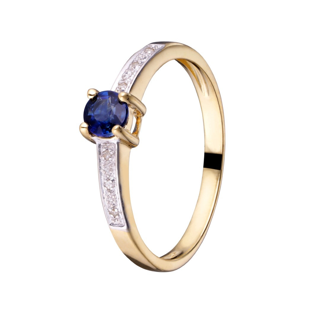 Ring i 14 kt. guld m. safir og 6 diamanter