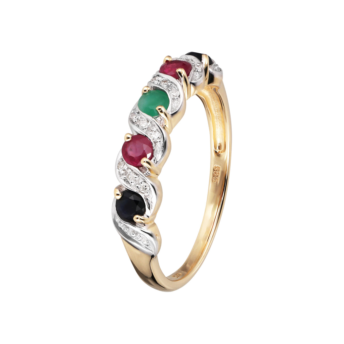 Ring i 14 kt. guld m. safir, rubin, smaragd og diamanter