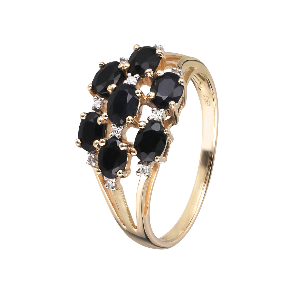 Ring i 14 kt. guld m. safir, og 10 diamanter