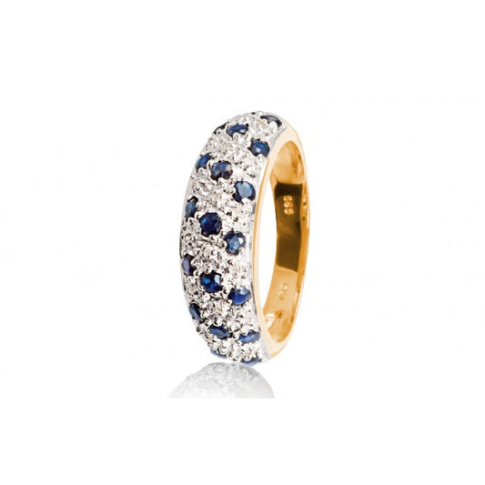 Ring i 14 kt. guld m. 19 safirer og 16 diamanter