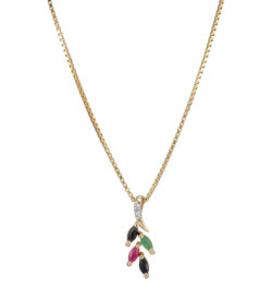 Vedhæng i 14kt. guld m. safir, rubin, smaragd og diamant.