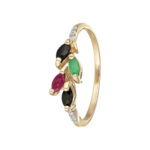 Ring i 14t. guld m. safir, rubin, smaragd og diamanter.