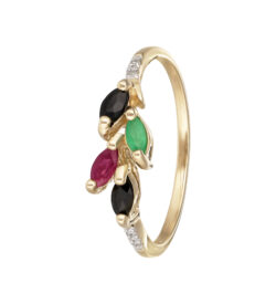 Ring i 14t. guld m. safir, rubin, smaragd og diamanter.