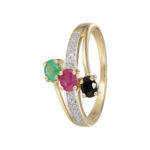 Ring i 14t. guld m. safir, rubin, smaragd og diamanter.