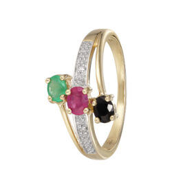 Ring i 14t. guld m. safir, rubin, smaragd og diamanter.